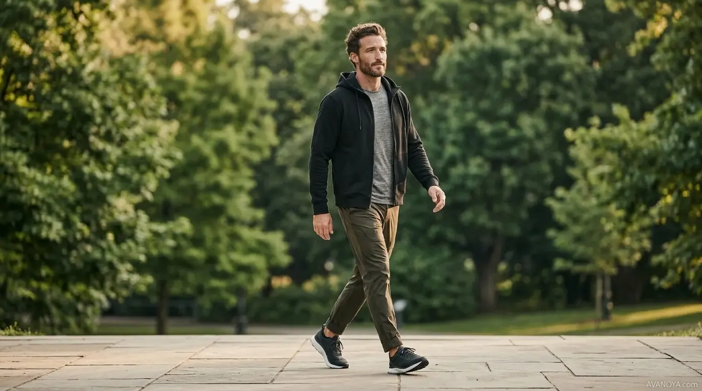پیاده‌روی روزانه یک فرد در پارک سرسبز در هوای مطبوع صبحگاهی برای سلامت بدن و ذهن